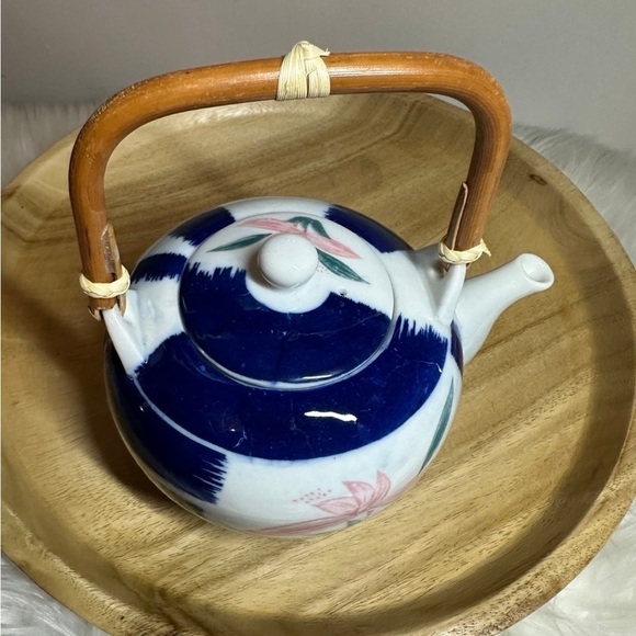 Pier 1 Floral Asian Porcelain Teapot with Bamboo Handle - Picture 4 of 5